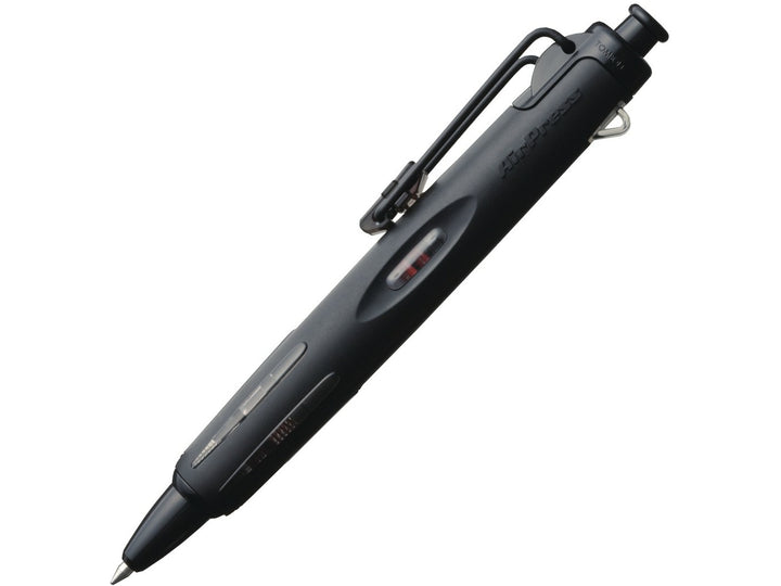 Tombow AirPress black ballpoint pen featuring pressurised ink technology, rubber grip and metal pocket clip for reliable writing in demanding conditions