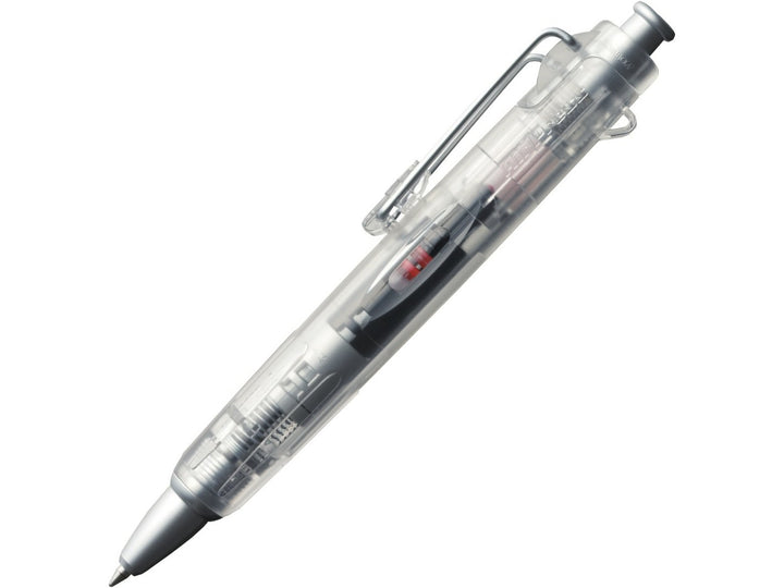 Tombow AirPress transparent ballpoint pen featuring pressurised ink technology, visible internal mechanism, metal pocket clip and transparent barrel design