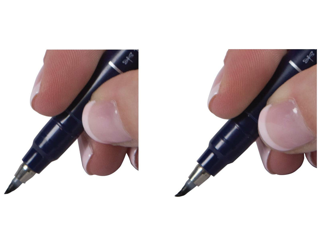 Close-up comparison of the Tombow Fudenosuke brush tip demonstrating how varying pressure changes line width, allowing both fine detail work and broader expressive strokes for hand lettering and illustration