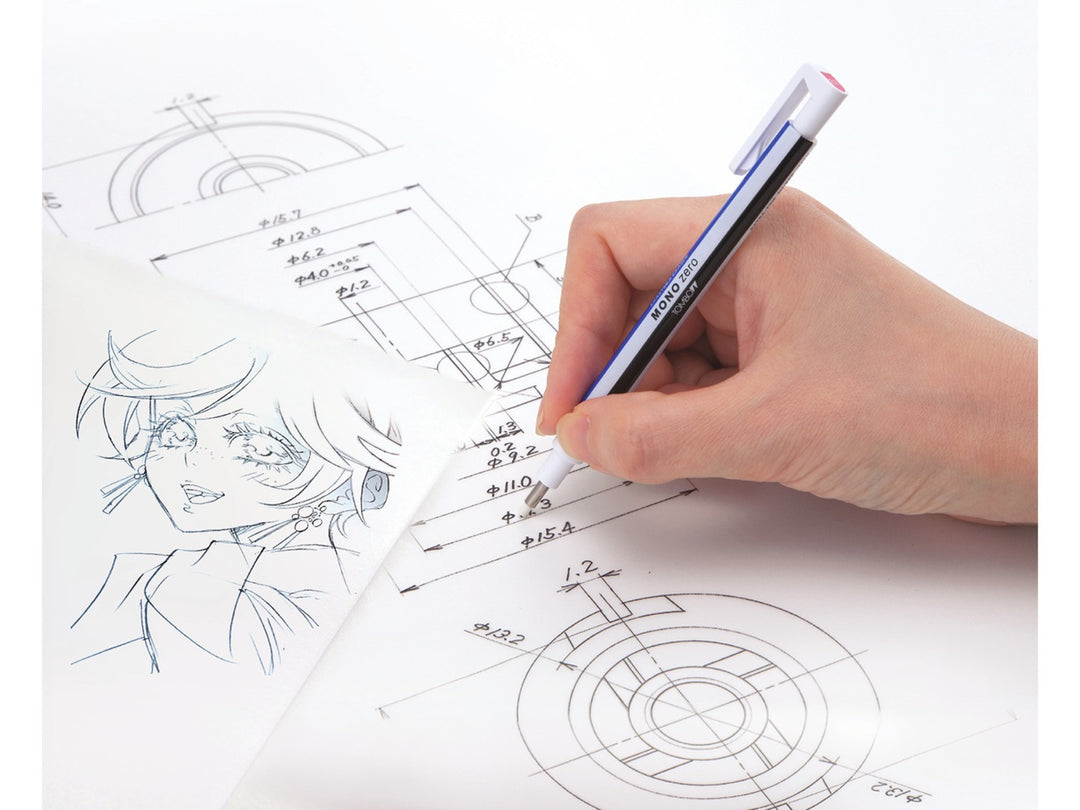 Tombow MONO Zero precision eraser being used for technical drawing and illustration work, demonstrating precise and clean erasing with the 2.3mm round eraser tip