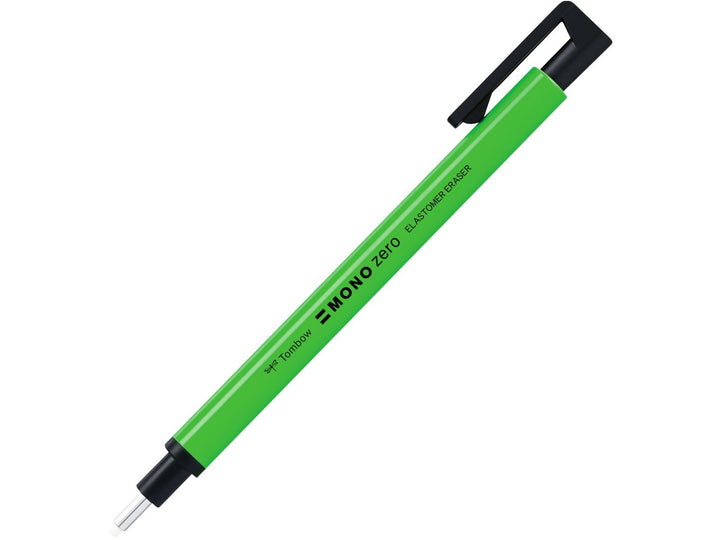 Tombow MONO Zero precision eraser with 2.3mm round eraser tip, push-button mechanism and slim neon green pen-style barrel for accurate detailed corrections