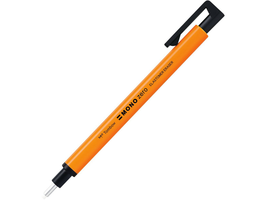 Tombow MONO Zero precision eraser with 2.3mm round eraser tip, push-button mechanism and slim neon orange pen-style barrel for accurate detailed corrections