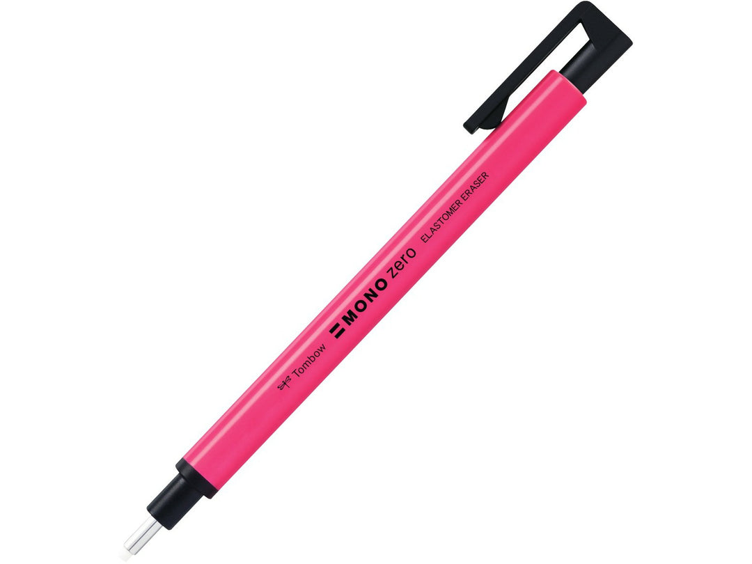 Tombow MONO Zero precision eraser with 2.3mm round eraser tip, push-button mechanism and slim neon pink pen-style barrel for accurate detailed corrections