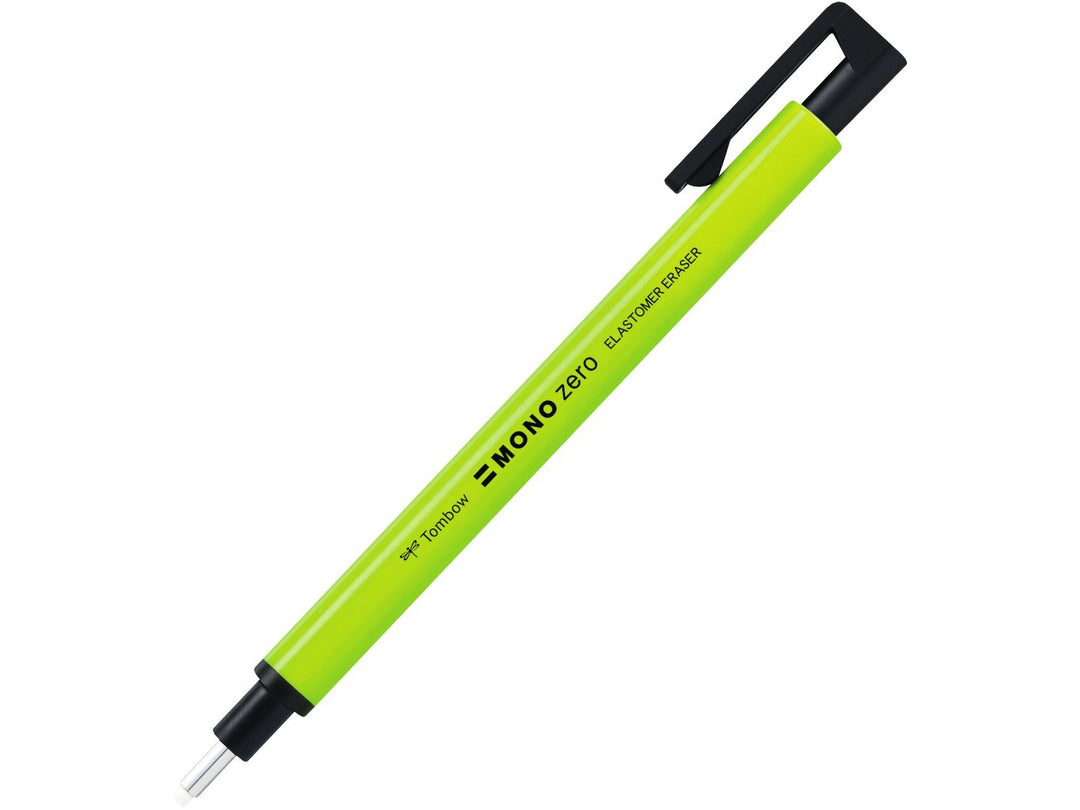 Tombow MONO Zero precision eraser with 2.3mm round eraser tip, push-button mechanism and slim neon yellow pen-style barrel for accurate detailed corrections