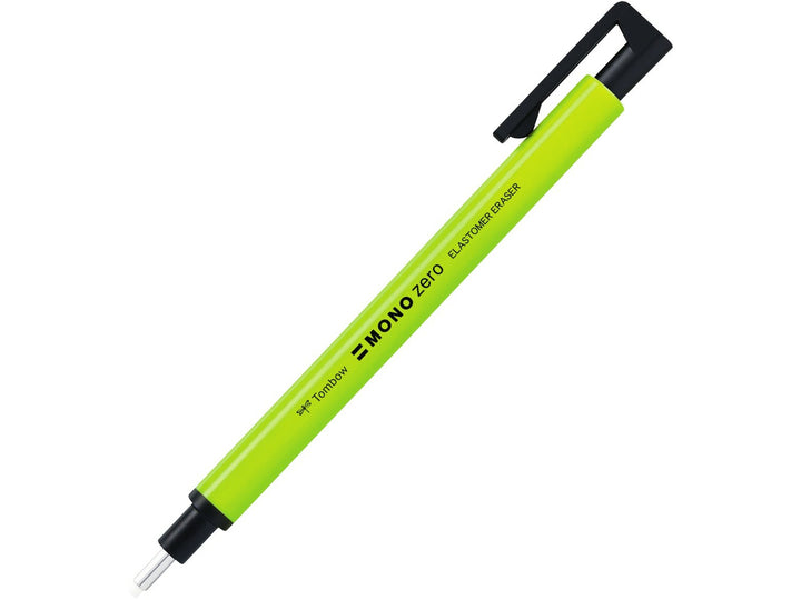 Tombow MONO Zero precision eraser with 2.3mm round eraser tip, push-button mechanism and slim neon yellow pen-style barrel for accurate detailed corrections