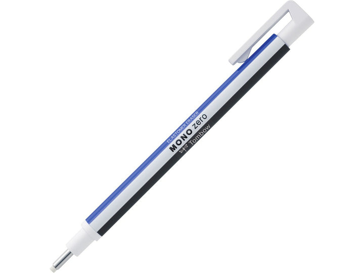 Tombow MONO Zero precision eraser with 2.3mm round eraser tip, push-button mechanism and slim white and blue pen-style barrel for accurate detailed corrections