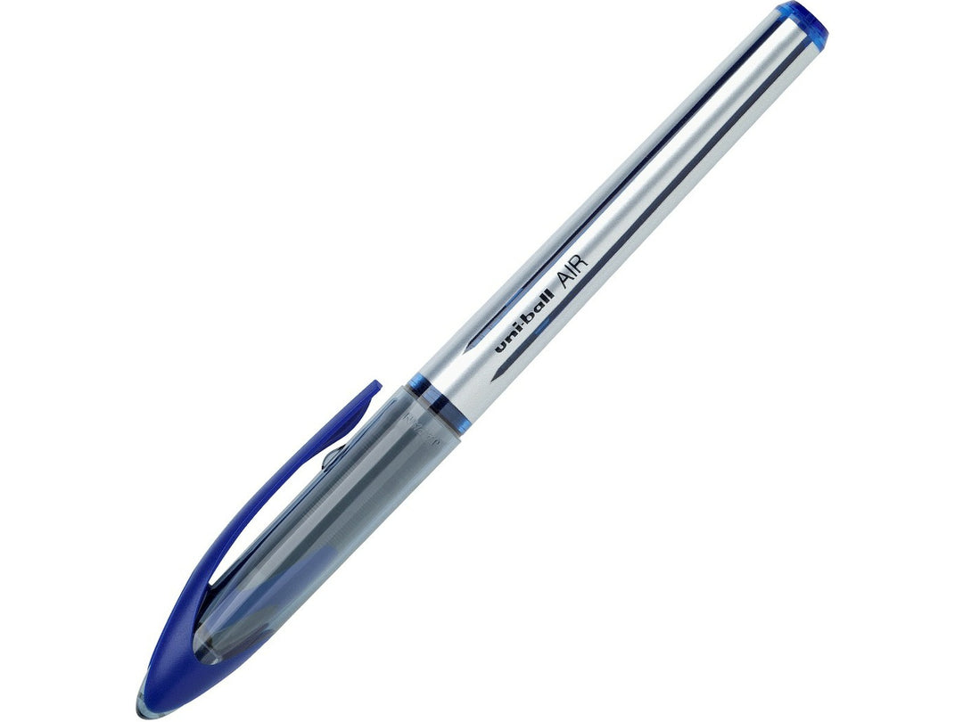Blue uni-ball AIR Medium UBA-188-L rollerball pen with cap attached, featuring a pressure-sensitive 0.7mm nib, pocket clip and smooth liquid ink technology