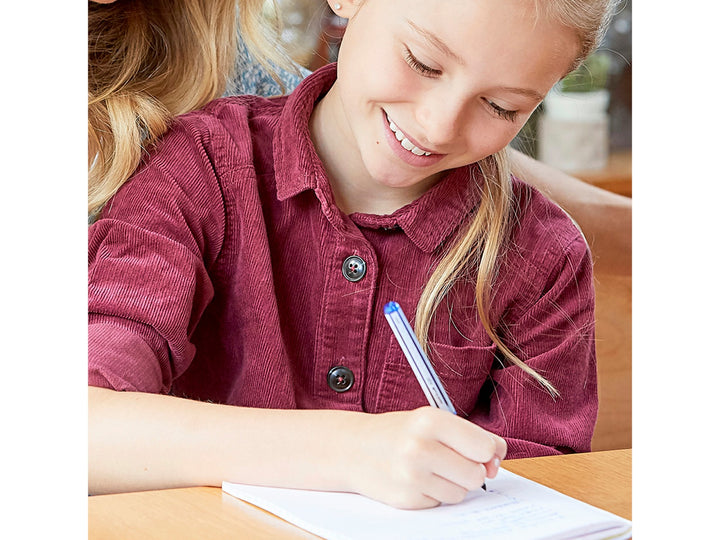 uni-ball AIR Medium UBA-188-L blue rollerball pen being used for handwriting practice, showcasing variable line width and a fountain pen-style writing experience