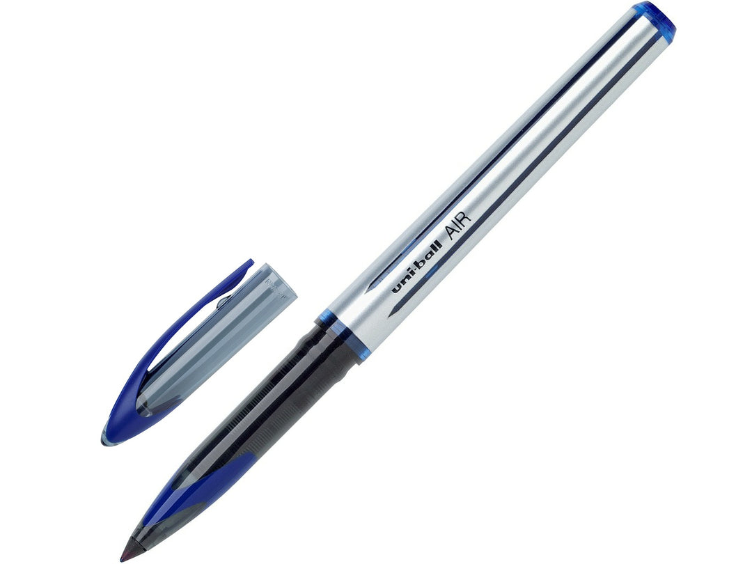Blue uni-ball AIR Medium UBA-188-L rollerball pen shown uncapped with cap removed, featuring a pressure-sensitive 0.7mm nib, variable line width and smooth liquid ink technology