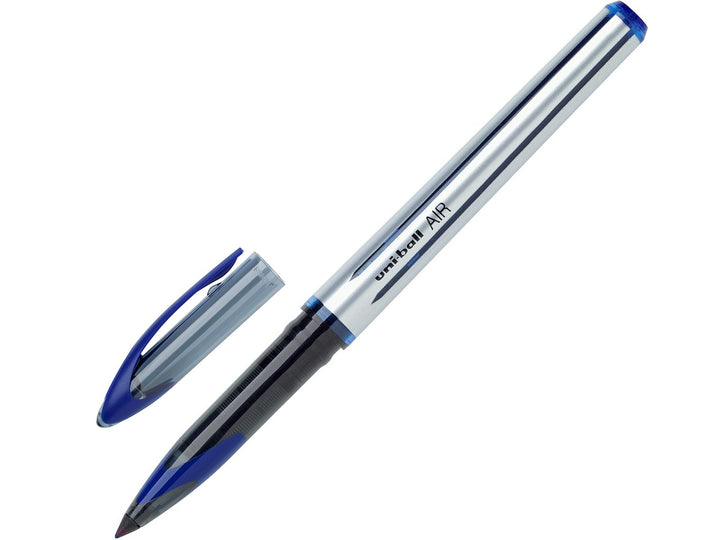 Blue uni-ball AIR Medium UBA-188-L rollerball pen shown uncapped with cap removed, featuring a pressure-sensitive 0.7mm nib, variable line width and smooth liquid ink technology