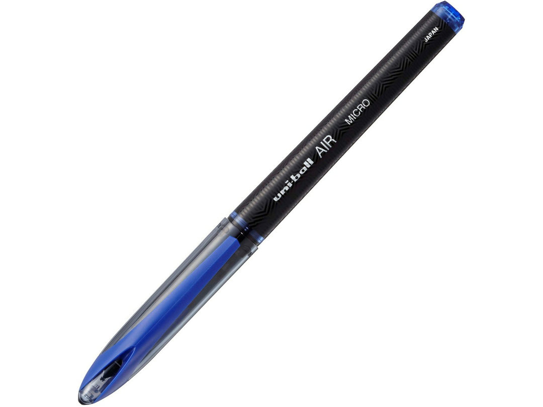Blue uni-ball AIR Micro UBA-188M rollerball pen with cap attached, featuring a pressure-sensitive 0.5mm nib, variable 0.25mm-0.45mm line width and smooth liquid ink technology