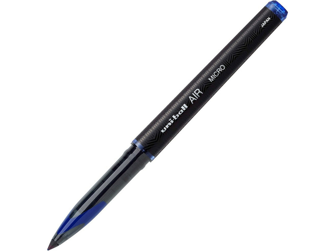 Blue uni-ball AIR Micro UBA-188M rollerball pen displayed diagonally on a white background, featuring a pressure-sensitive 0.5mm nib, variable line width and smooth liquid ink technology