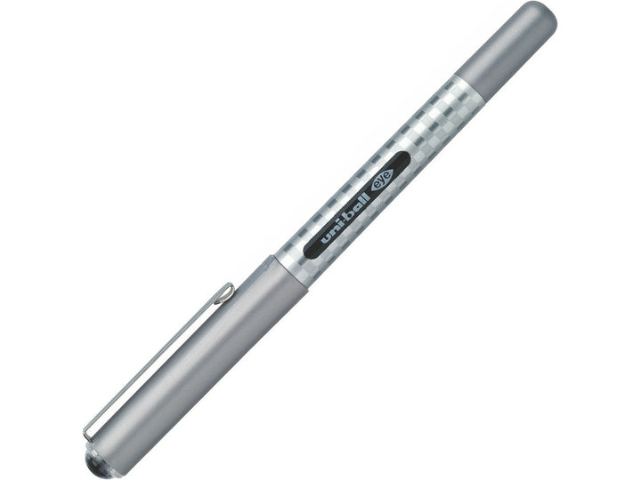 Black uni-ball Eye Designer UB-157D rollerball pen with cap attached, featuring a visible ink reservoir, modern designer barrel and smooth liquid Super Ink technology
