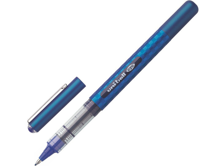 Blue uni-ball Eye Designer UB-157D rollerball pen shown uncapped with cap removed, featuring a visible ink reservoir, precision 0.7mm tip and smooth liquid Super Ink technology