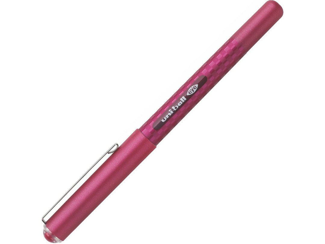 Wine uni-ball Eye Designer UB-157D rollerball pen with cap attached, featuring a visible ink reservoir, modern designer barrel and smooth liquid Super Ink technology