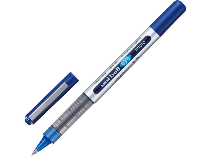 Blue uni-ball Eye Micro UB-150 rollerball pen shown uncapped with cap removed, featuring a visible ink reservoir, precision 0.5mm tip and smooth liquid Super Ink technology