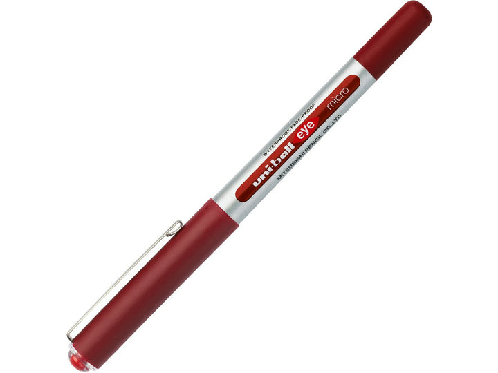Red uni-ball Eye Micro UB-150 rollerball pen with cap attached, featuring a visible ink reservoir, precision 0.5mm tip and smooth liquid Super Ink technology