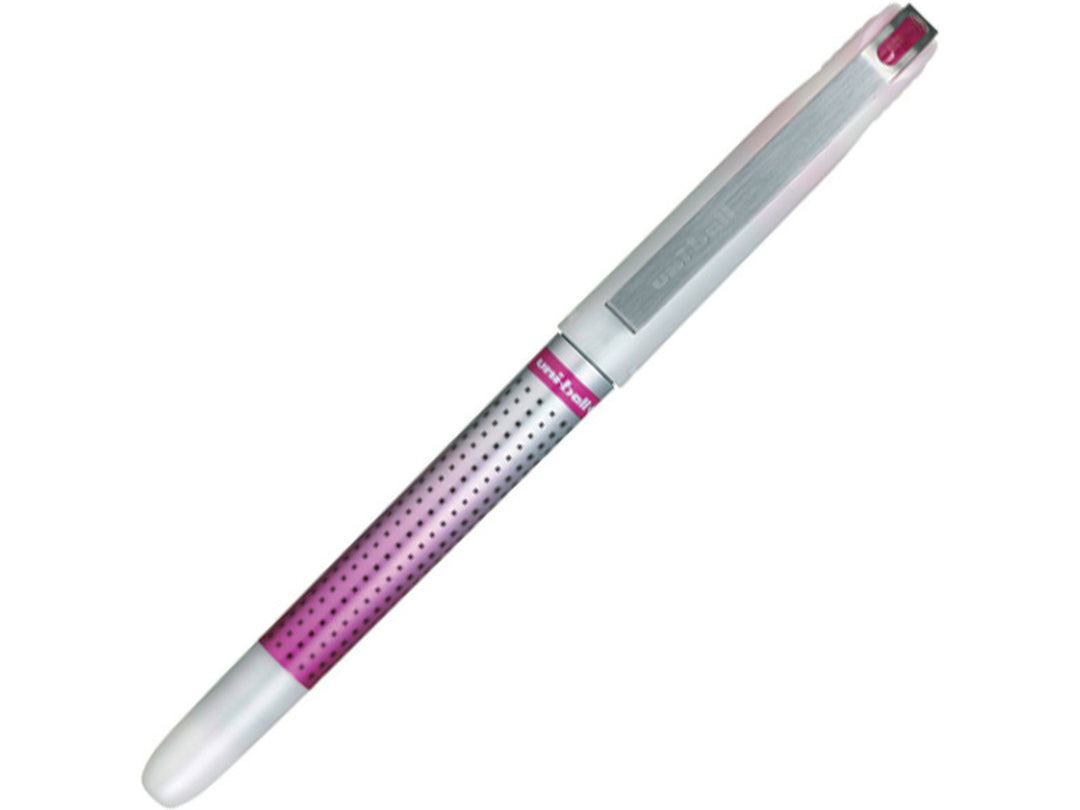 Wine uni-ball Eye Needle UB-187S rollerball pen displayed diagonally on a white background, featuring a precision needlepoint tip, visible ink reservoir and smooth liquid Super Ink technology
