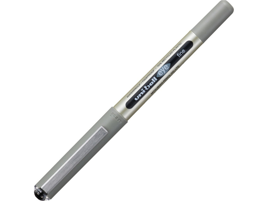 uni-ball Eye rollerball pens in Blue, Light Blue and Wine displayed on a spiral-bound notebook, showcasing visible ink reservoirs, liquid Super Ink technology and smooth everyday writing performance