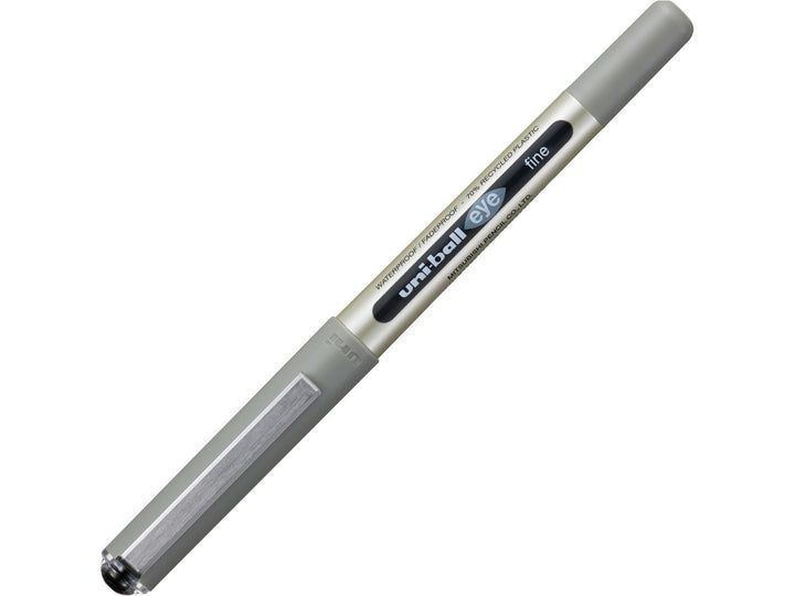 uni-ball Eye rollerball pens in Blue, Light Blue and Wine displayed on a spiral-bound notebook, showcasing visible ink reservoirs, liquid Super Ink technology and smooth everyday writing performance