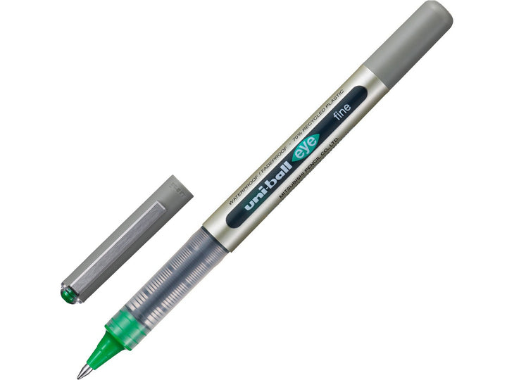 Green uni-ball Eye UB-157 rollerball pen shown uncapped with cap removed, featuring a visible ink reservoir, stainless steel 0.7mm tip and smooth liquid Super Ink technology