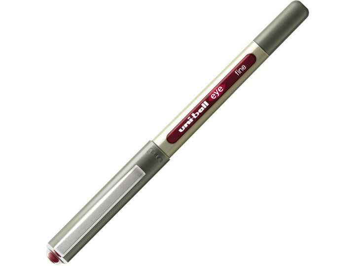 Wine uni-ball Eye UB-157 rollerball pen with cap attached, featuring a visible ink reservoir, stainless steel 0.7mm tip and smooth liquid Super Ink technology