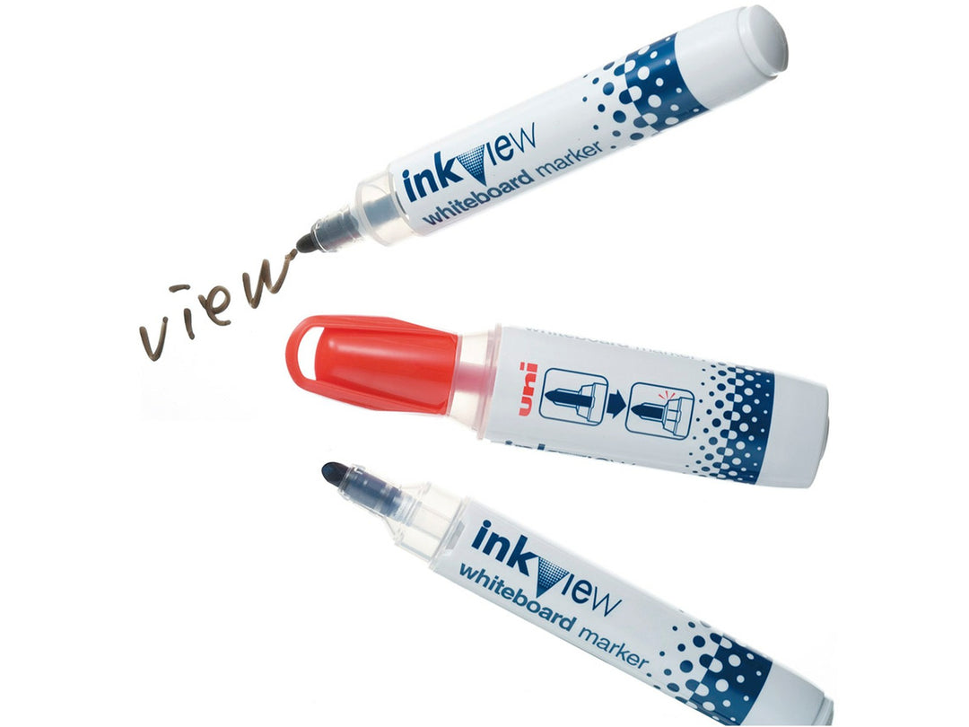 uni-ball Inkview PWB-202 whiteboard marker exploded view showing cap, marker body and bullet tip with transparent ink window and sample writing