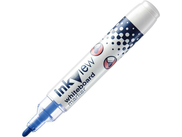 uni-ball Inkview PWB-202 blue whiteboard marker displayed diagonally with visible ink window, blue bullet tip and low-odour dry-wipe ink