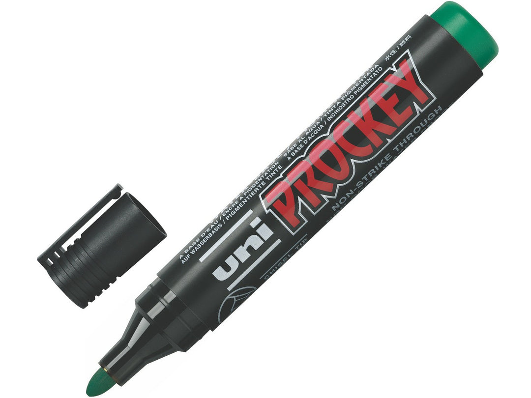 uni-ball Prockey Permanent Marker PM-122 in Green with cap removed, featuring a durable bullet tip, odourless water-based pigment ink and vibrant green permanent marking performance for use on paper, wood, metal, glass, plastic, fabric and stone.