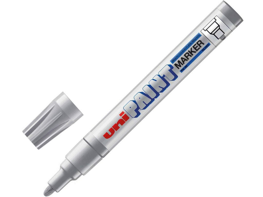 Silver uni-ball PX-20 medium paint marker shown uncapped with cap removed, featuring a 1.8mm-2.2mm acrylic bullet nib and opaque metallic silver oil-based paint ink for marking, decoration and creative projects