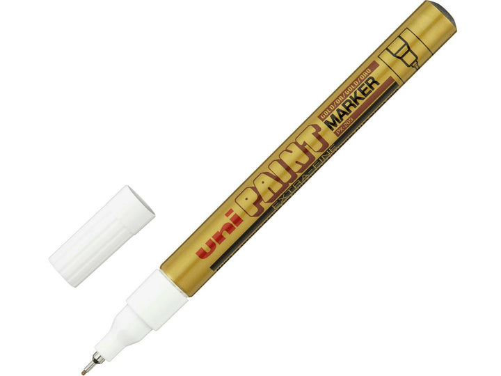 Gold uni-ball PX-203 extra fine paint marker shown uncapped with a 0.8mm nib and white cap on a white background