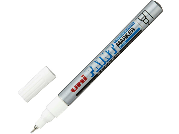 Silver uni-ball PX-203 extra fine paint marker shown uncapped with a 0.8mm nib and white cap on a white background
