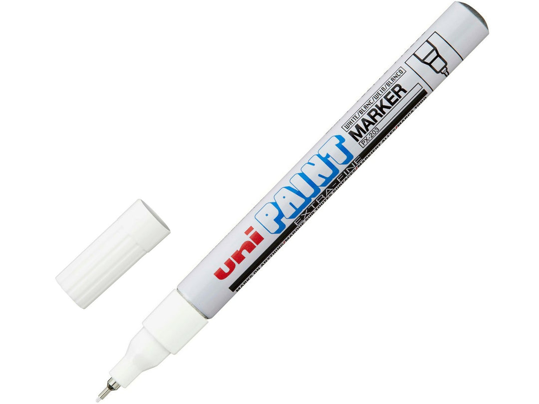 White uni-ball PX-203 extra fine paint marker shown uncapped with a 0.8mm nib and white cap on a white background