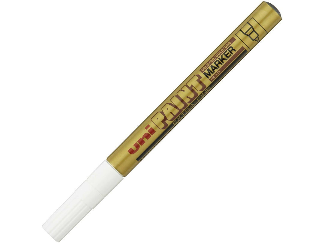 Gold uni-ball PX-203 extra fine paint marker shown capped, featuring metallic gold barrel branding and white cap on a white background
