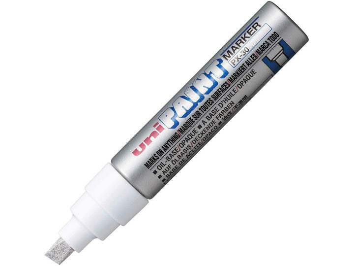 Silver uni PX-30 broad paint marker shown uncapped, featuring an 8mm chisel tip and metallic silver barrel