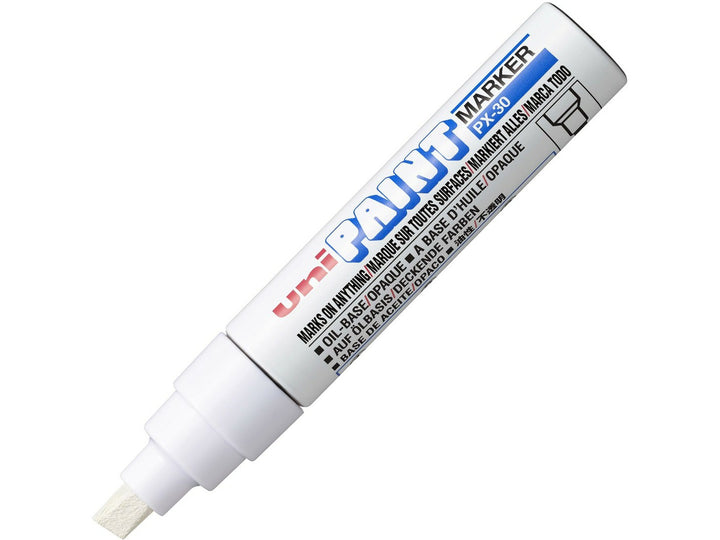 White uni PX-30 broad paint marker shown uncapped, featuring an 8mm chisel tip and white barrel