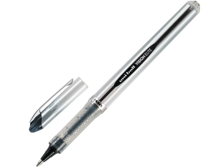 uni-ball Vision Elite UB-200 rollerball pen shown uncapped with cap removed, featuring a stainless steel tip, visible ink reservoir and fade-resistant Super Ink for smooth, consistent writing