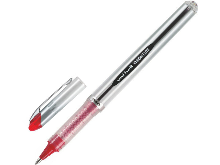 Red uni-ball Vision Elite UB-200 rollerball pen shown uncapped with cap removed, featuring a stainless steel tip, visible ink reservoir and fade-resistant Super Ink for smooth, consistent writing