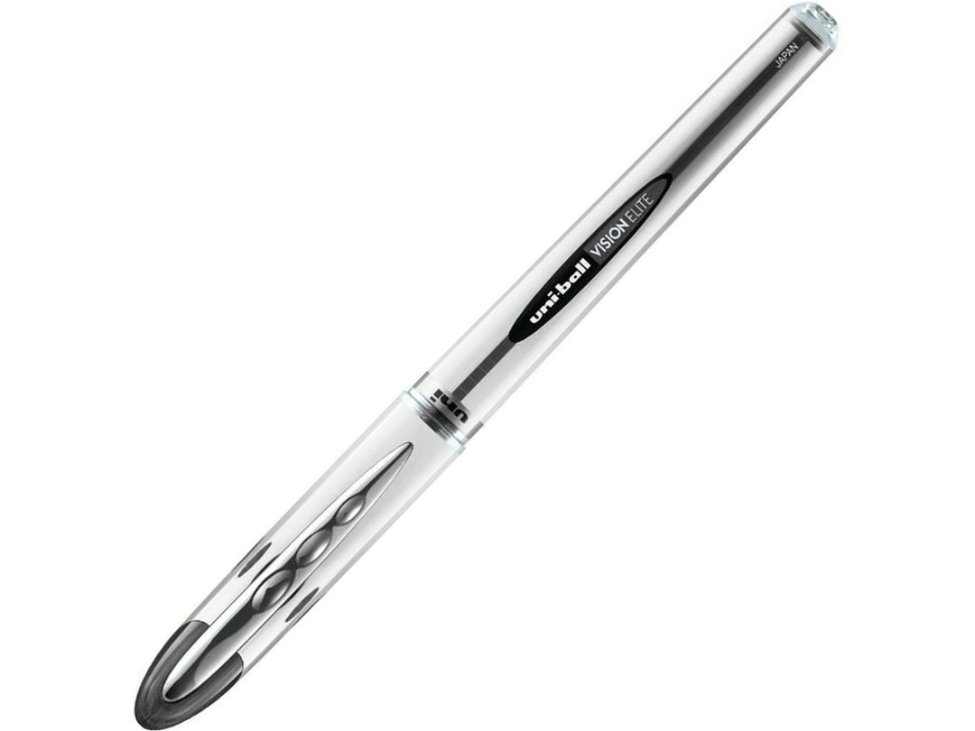 Black uni-ball Vision Elite UB-200 rollerball pen with cap attached, featuring a visible ink reservoir, sturdy pocket clip and fade-resistant Super Ink