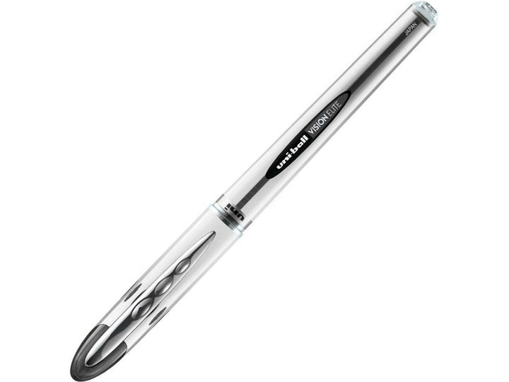 Black uni-ball Vision Elite UB-200 rollerball pen with cap attached, featuring a visible ink reservoir, sturdy pocket clip and fade-resistant Super Ink