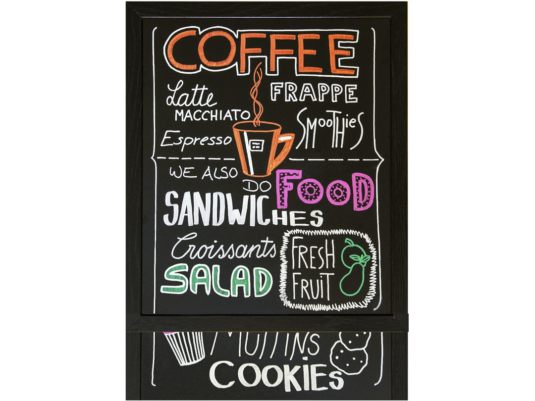 Colourful coffee shop menu artwork created on a black chalkboard, demonstrating uni ChalkGlass markers for hand lettering, illustrations and signage