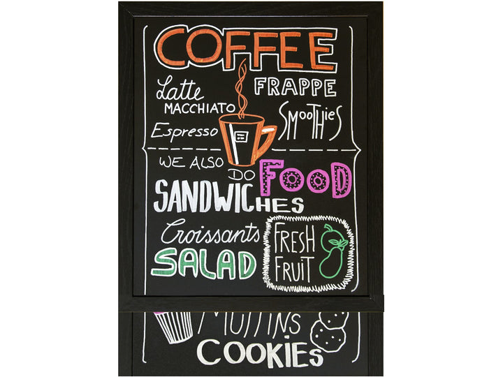 Colourful coffee shop menu artwork created on a black chalkboard, demonstrating uni ChalkGlass markers for hand lettering, illustrations and signage