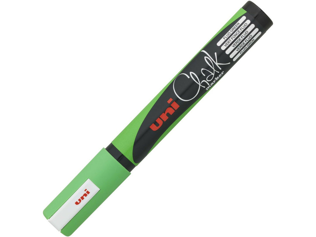 Fluorescent green uni ChalkGlass PWE-5M chalk marker shown capped, featuring a black barrel with bright green detailing and matching green cap
