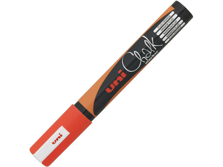 Fluorescent Orange uni ChalkGlass PWE-5M chalk marker shown capped, featuring a black barrel with orange detailing and matching orange cap