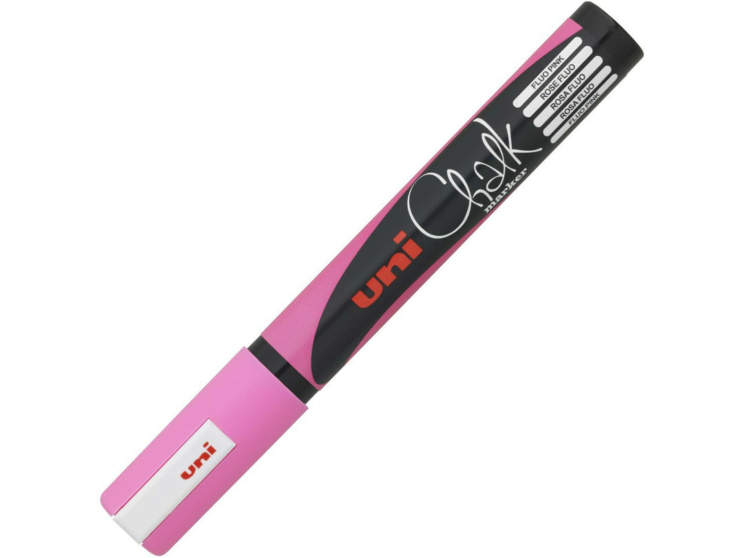 Fluorescent Pink uni ChalkGlass PWE-5M chalk marker shown capped, featuring a black barrel with pink detailing and matching pink cap