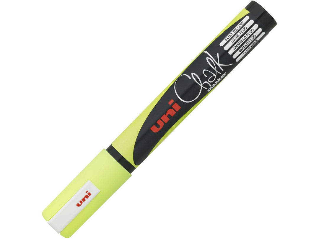 Fluorescent Yellow uni ChalkGlass PWE-5M chalk marker shown capped, featuring a black barrel with fluorescent yellow detailing and matching cap