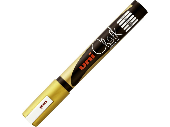 Gold uni ChalkGlass PWE-5M chalk marker shown capped, featuring a metallic gold barrel with black uni Chalk branding