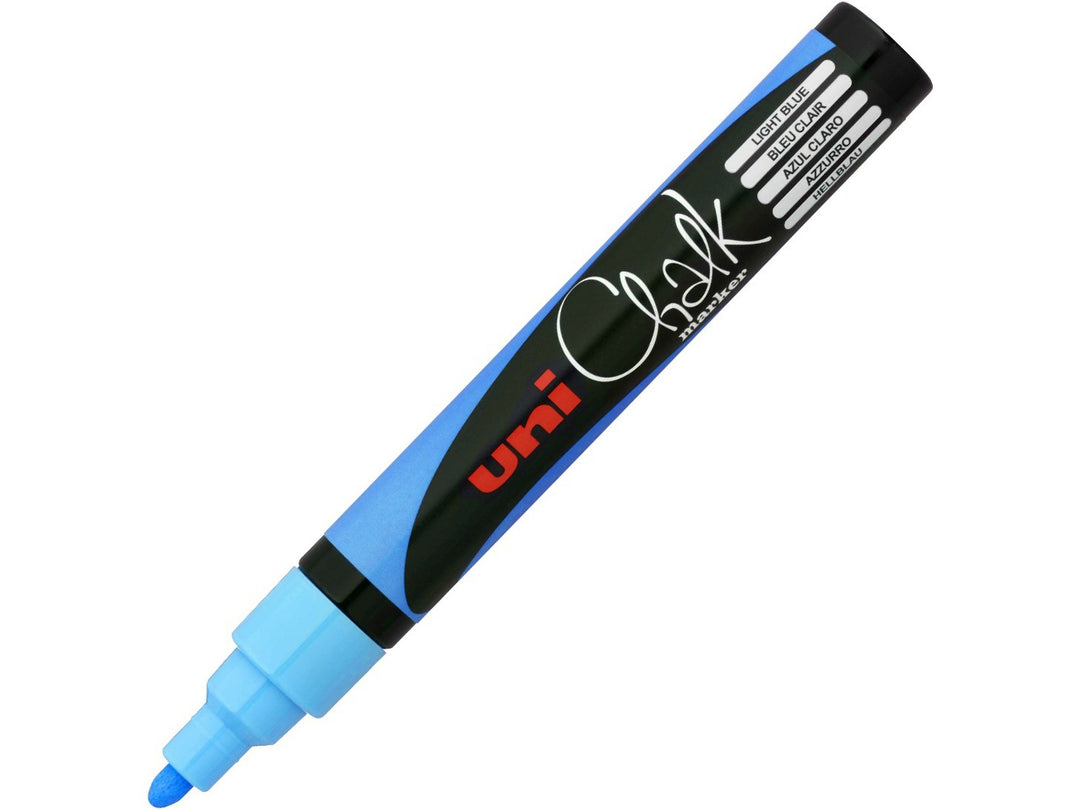 Light Blue uni ChalkGlass PWE-5M chalk marker shown uncapped, featuring a medium bullet tip and black barrel with blue detailing