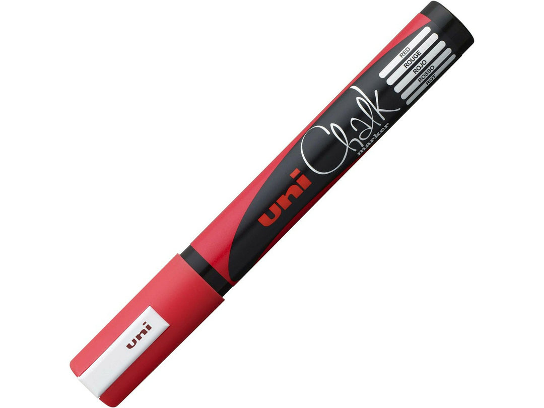 Red uni ChalkGlass PWE-5M chalk marker shown capped, featuring a black barrel with red detailing and matching red cap