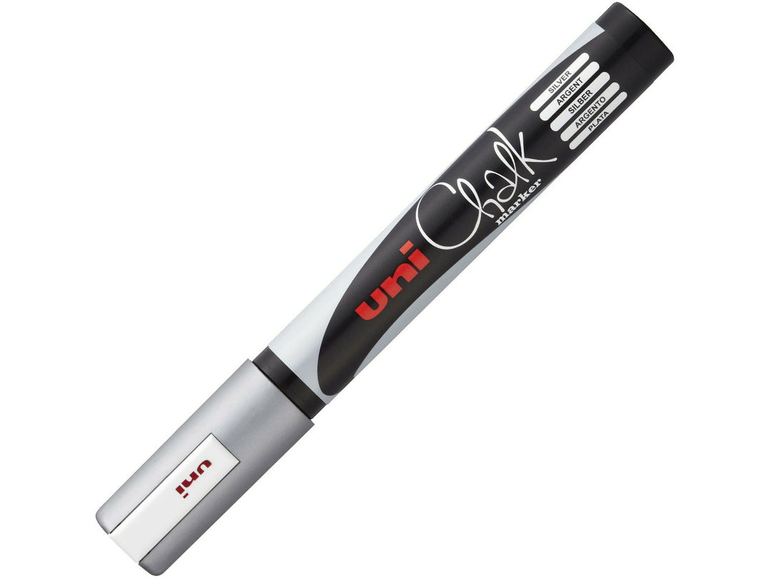 Silver uni ChalkGlass PWE-5M chalk marker shown capped, featuring a metallic silver cap and black barrel with uni Chalk branding